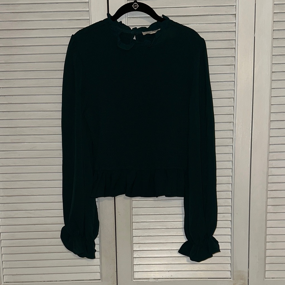 She + Sky Hunter Green Ruffled Blouse